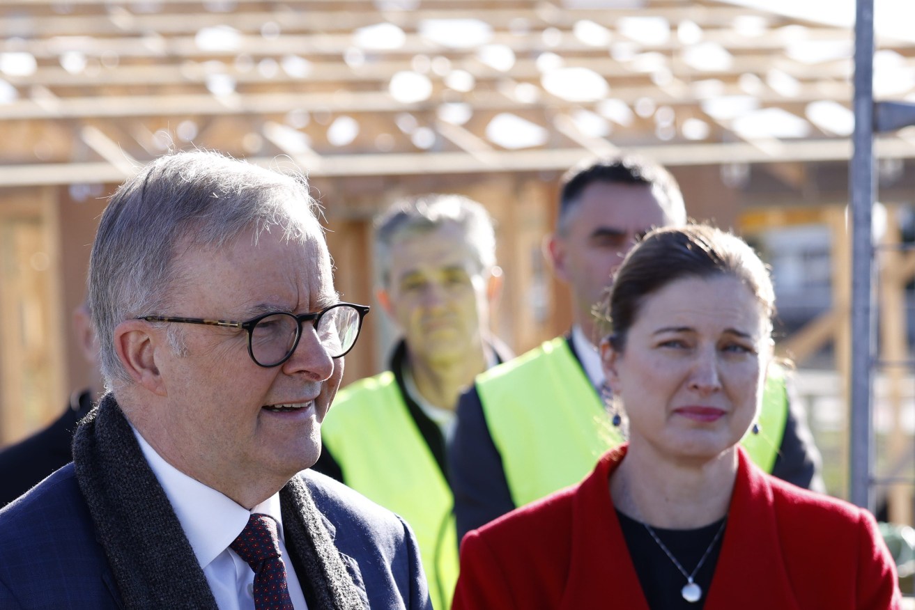 Australian Prime Minister Anthony Albanese (left) and Minister for Housing Julie Collins during a visit to Bridgewater in Hobart, Tasmania, Wednesday, June 22, 2022. (AAP Image/Rob Blakers)