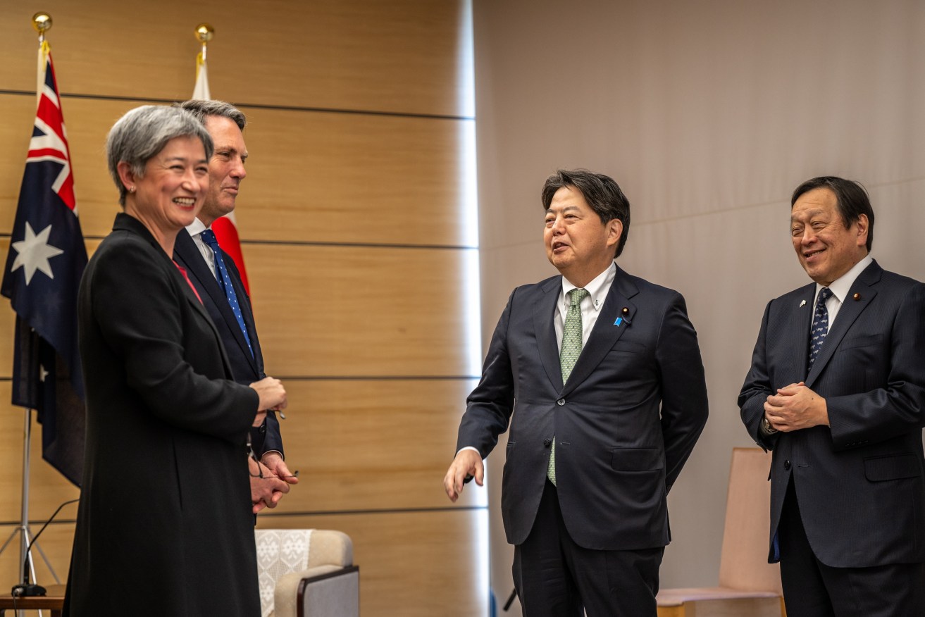 Australia's Foreign Minister Penny Wong (L) and Australia's Defence Minister Richard Marles (2-L) talk with Japan's Foreign Minister Yoshimasa Hayashi (2-R) and Japan's Defense Minister Yasukazu Hamada (R) during their visit to the prime minister's office in Tokyo.  EPA/PHILIP FONG / POOL