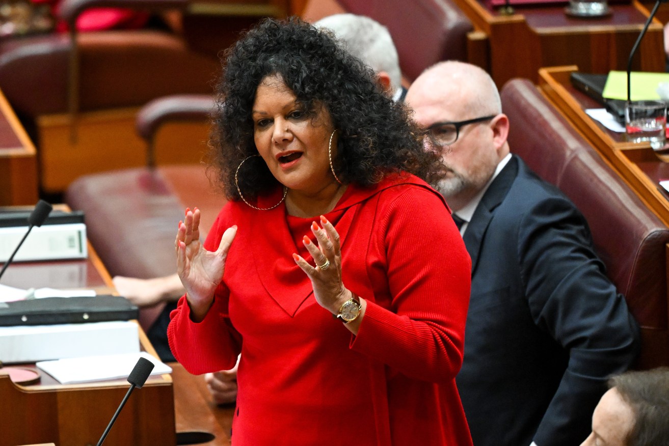 Labor Senator Malarndirri McCarthy speaks during debate on the Voice to Parliament in the Senate chamber at Parliament House, in Canberra.By Maeve Bannister in Canberra. (AAP Image).
