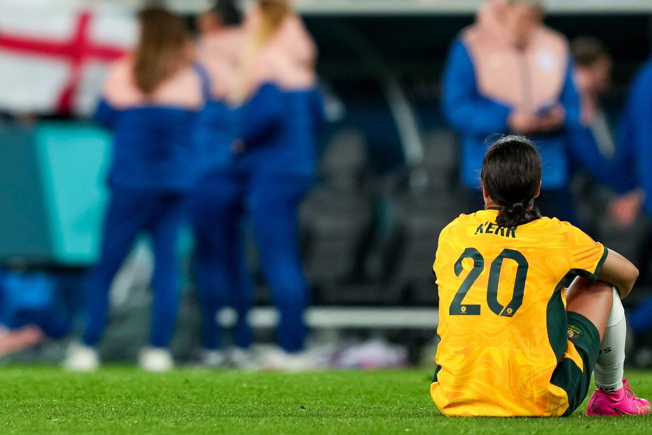 Sam Kerr (20 Australia) looks dejected after Australia's loss during the FIFA Womens World Cup 2023 semifinal .  (Daniela Porcelli / SPP) (Photo by Daniela Porcelli / SPP/Sipa USA)