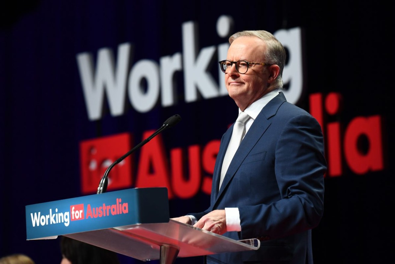 Prime Minister Anthony Albanese speaks at the 49th ALP National Conference 2023 at the Brisbane Convention and Exhibition Centre in Brisbane. (AAP Image/Jono Searle) 