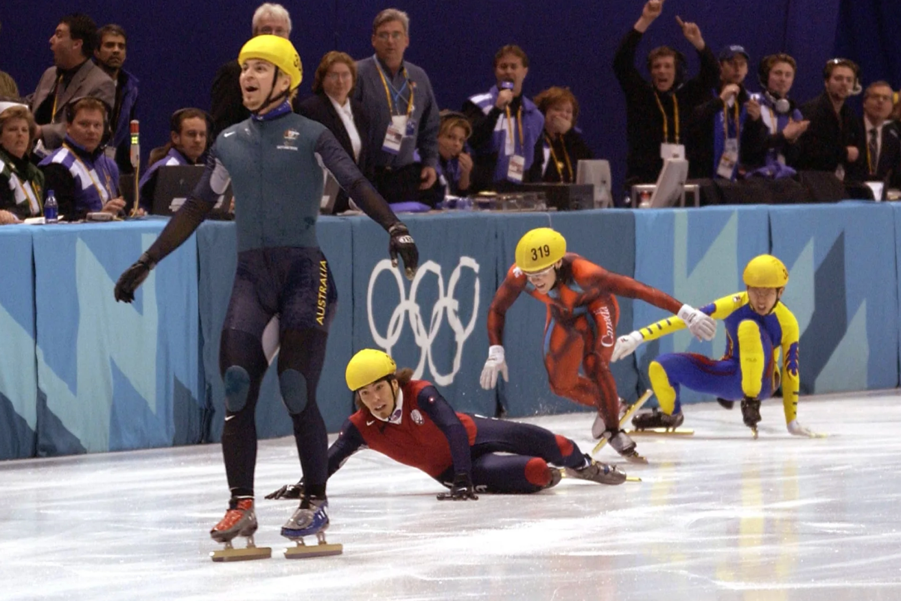 The Hollywood moment when Brisbane's Steve Bradbury officially became an Olympic Games legend - and the subject of a movie that has stalled on the starting blocks. (Image: Olympics.org)