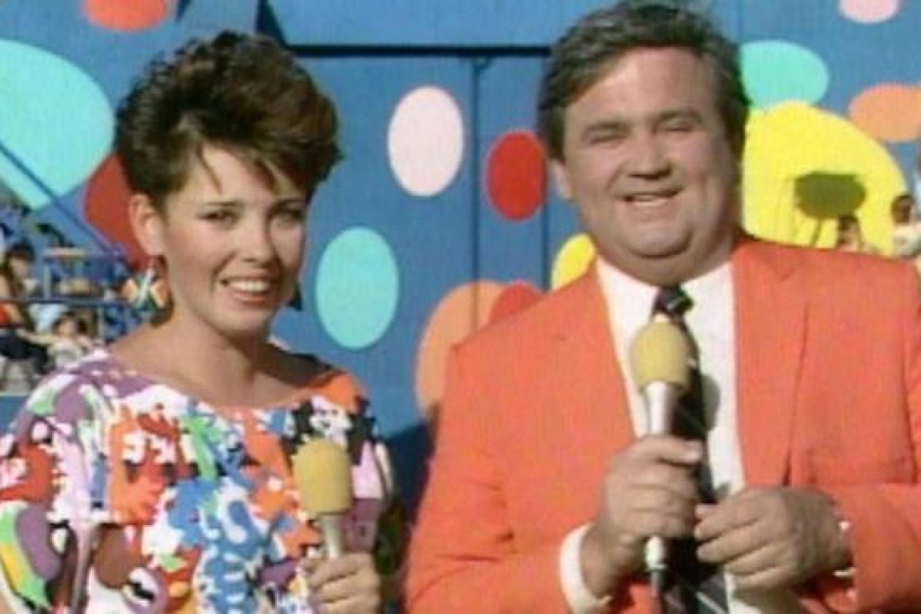 Fiona MacDonald and the late Billy J Smith on TV show "It's a Knockout!".