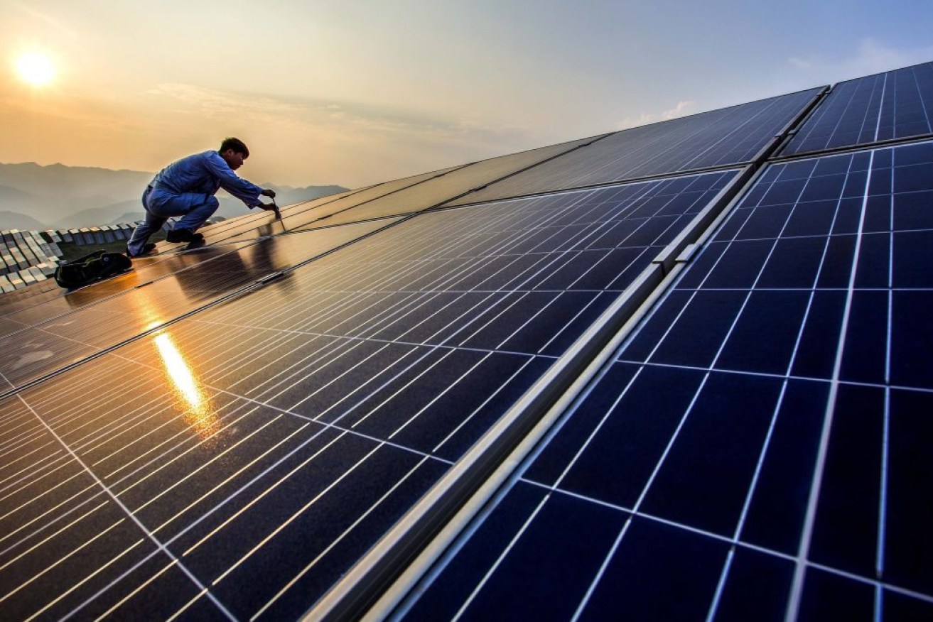 A worker performs maintenance on solar panels at a photovoltaic power station (via AP)