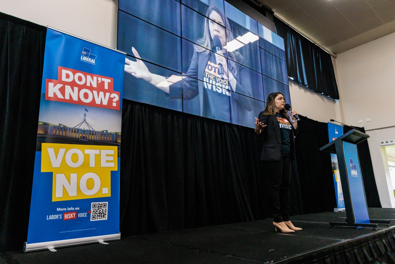 Shadow Minister for Indigenous Australians Jacinta Nampijinpa Price speaks during the WA Liberals for No Campaign Launch in Perth, Sunday, August 20, 2023. (AAP Image/Richard Wainwright) NO ARCHIVING
