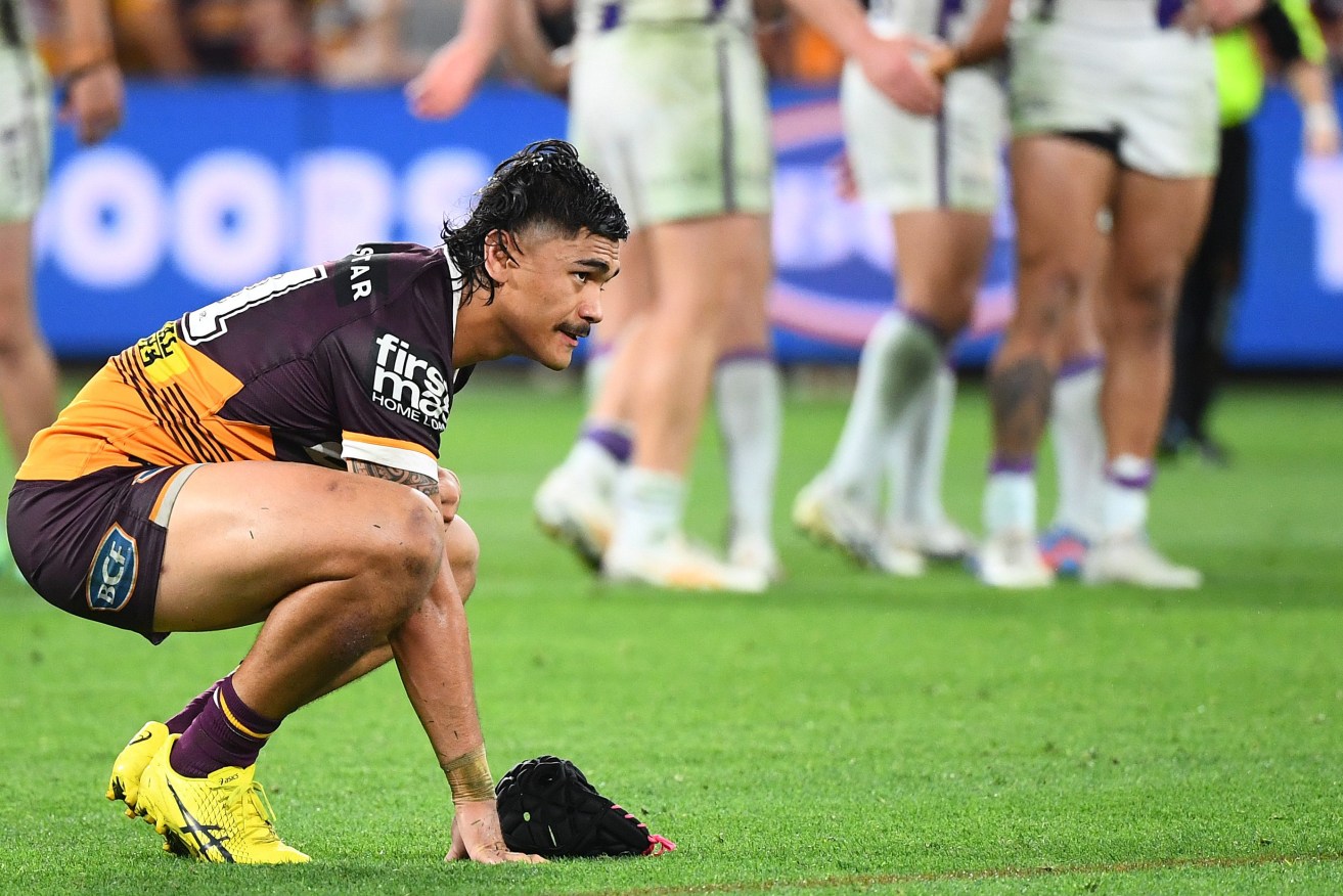 Brendan Piakura of the Broncos has suffered an ankle injury during training and is now in doubt for Friday's clash with the Cowboys.  (AAP Image/Jono Searle) 