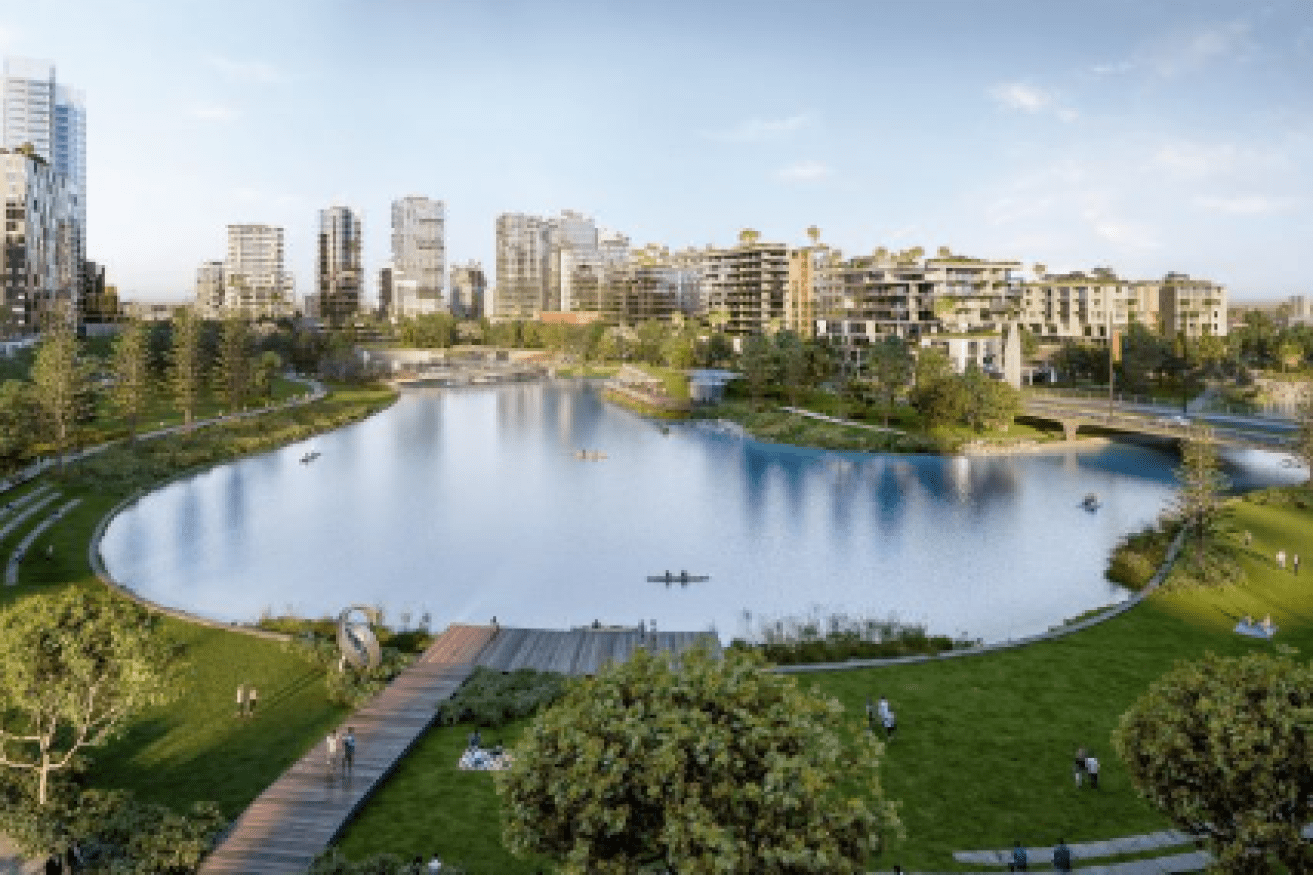 An artist's impression of the Maroochydore CBD central park and lake (image supplied)
