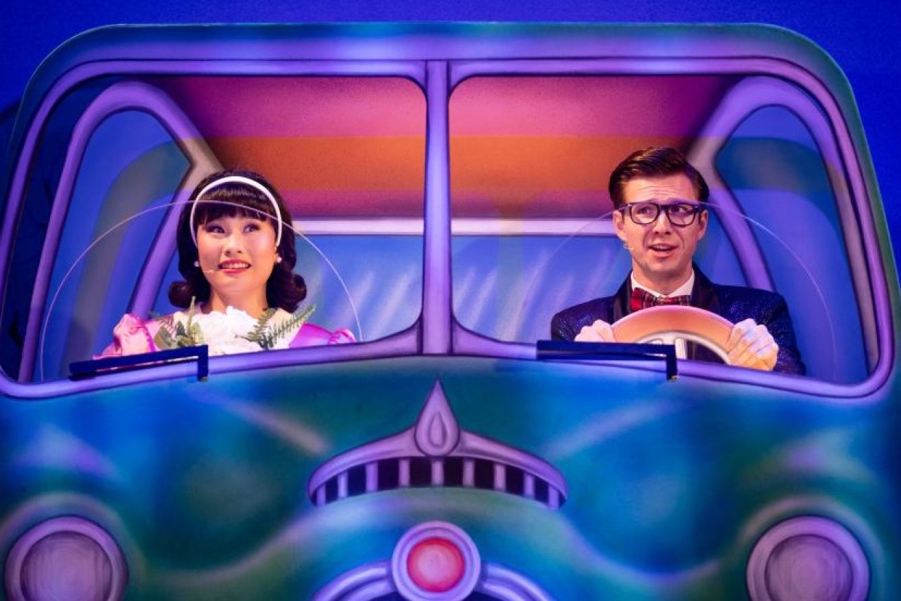 Full steam ahead; Ethan Jones as Brad and Deidre Khoo in her breakthrough role as a gorgeous Janet.
 Rocky Horror will be at The Star, Gold Coast, until September 23. (Image: supplied)