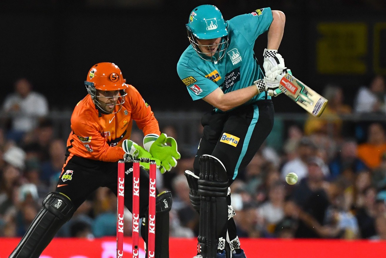 Max Bryant of the Heat plays a shot during the Big Bash League (BBL) cricket match between the Brisbane Heat and the Perth Scorchers at the Gabba in Brisbane (AAP Image/Jono Searle)