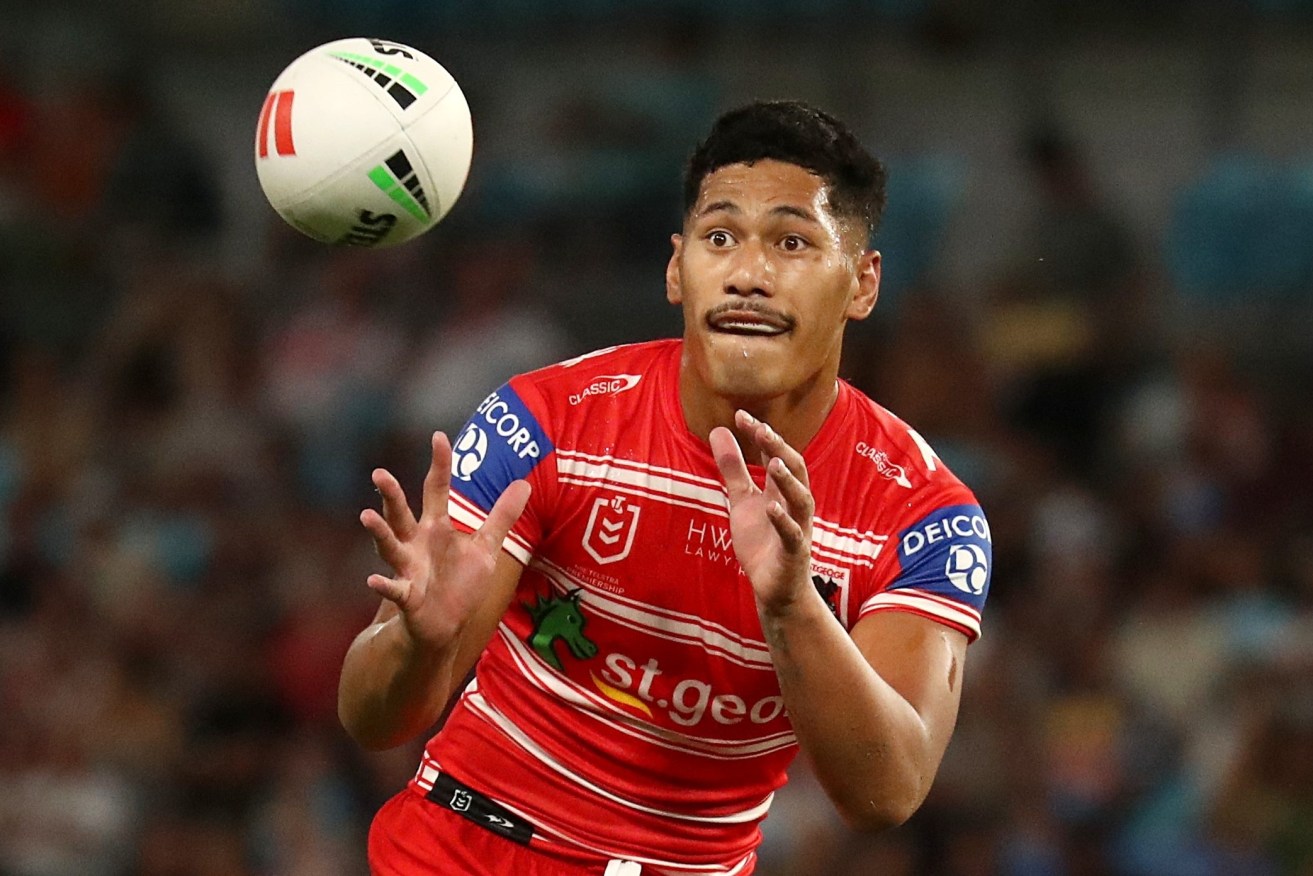 Talatau Amone  of the Dragons in action during the NRL Round 6 match between the Gold Coast Titans and the St. George Illawarra Dragons at Cbus Super Stadium on the Gold Coast, Sunday, April 9, 2023. (AAP Image/Jason O'Brien) 
