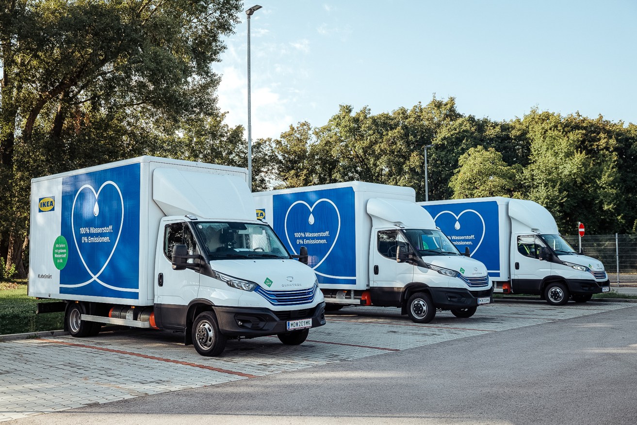A supplied undated image obtained Tuesday, October 10, 2023 shows hydrogen fuel-cell delivery trucks created by Quantron AG in Austria. Ikea is assembling a range of hydrogen and electric trucks. (AAP Image/Supplied by Ikea) NO ARCHIVING, EDITORIAL USE ONLY