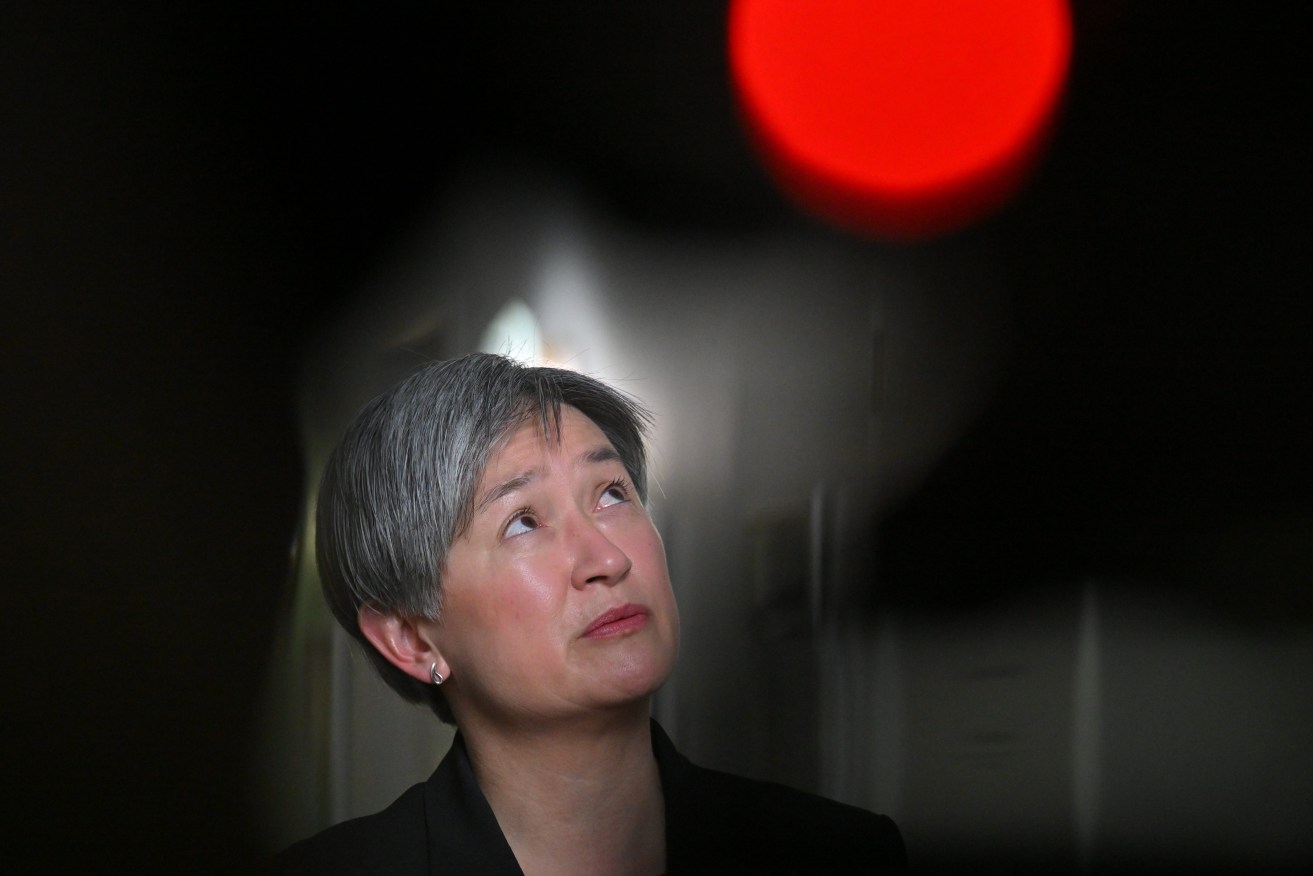 Minister for Foreign Affairs Penny Wong speaks to journalists in the press gallery at Parliament House in Canberra, Monday, October 16, 2023. (AAP Image/Mick Tsikas) 