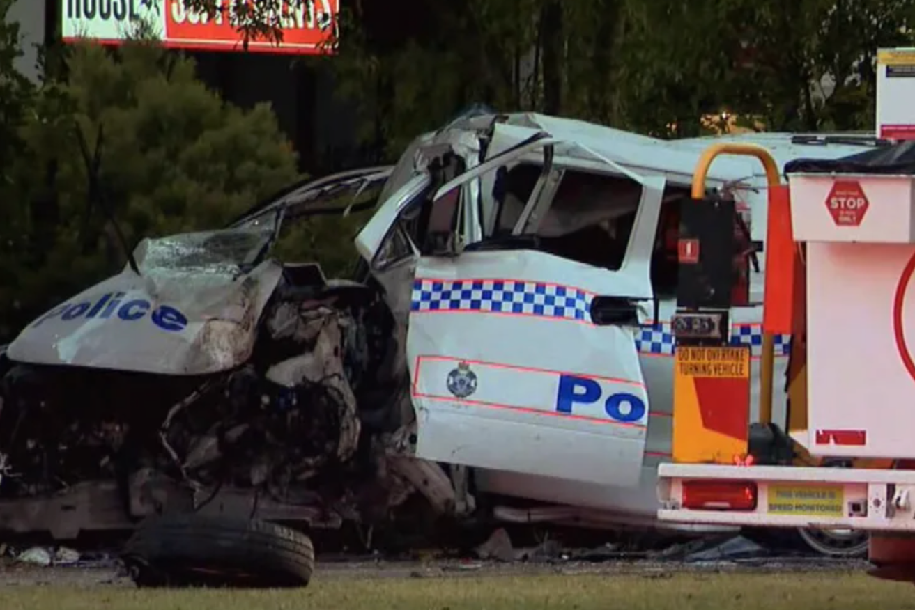 Wreckage of the police van allegedly stolen by a knife-wielding man and crashed during joy ride. (Image: Channel 9)