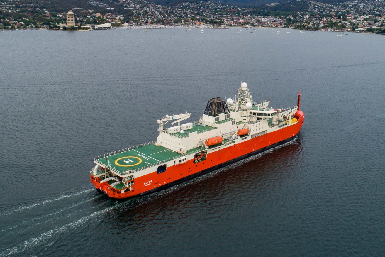  Australia's Antarctic Icebreaker RSV Nuyina returning to Hobart, Tasmania, from its first trip to Antarctica where it resupplied the Davis research station. (AAP Image/Supplied by Australian Antarctic Division) 