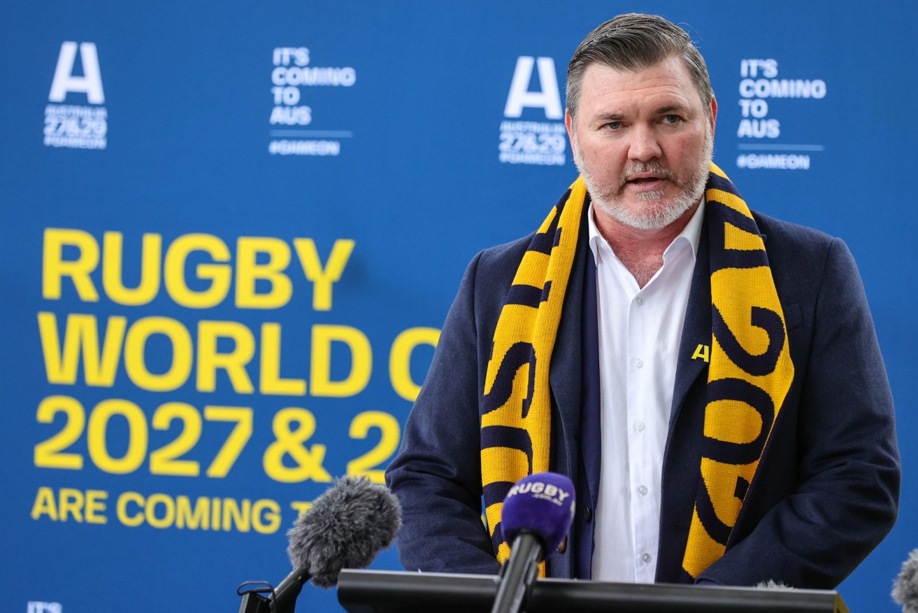 Rugby Australia Board Director Daniel Herbert speaks to the media following the announcement that the 2027 Men’s and the 2029 Women’s Rugby World Cup tournament will be held in Australia, in Brisbane, Friday, May 13, 2022. (AAP Image/Russell Freeman)