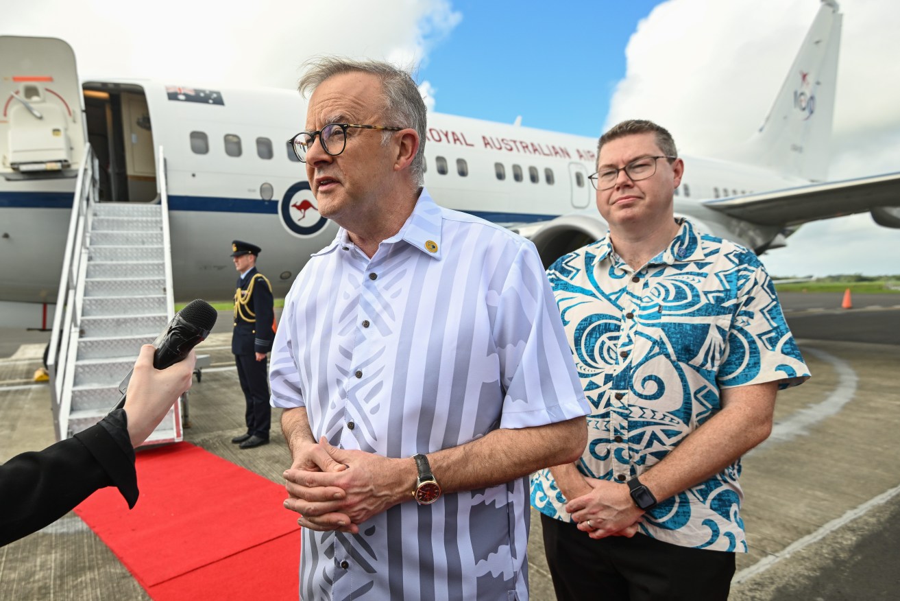 Australian Prime Minister Anthony Albanese arrives at Nausori Airport for the Pacific Islands Forum leaders summit in Suva, Fiji,  Wednesday, July 13, 2022 (AAP Image/Pool, The Age, Joe Armao)