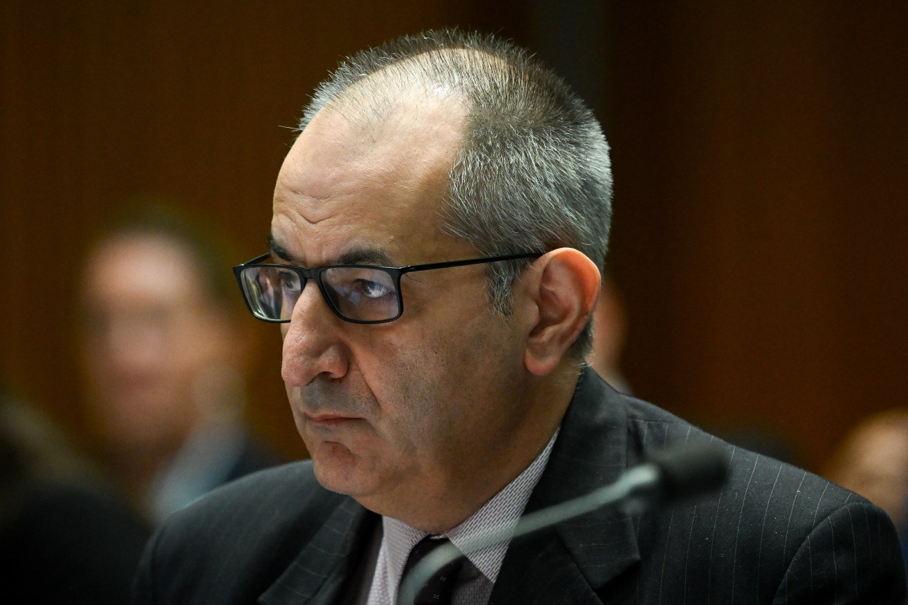 Secretary of the Deparment of Home Affairs Michael Pezzullo reacts during Senate Estimates at Parliament House in Canberra, Monday, February 13, 2023. (AAP Image/Lukas Coch) 