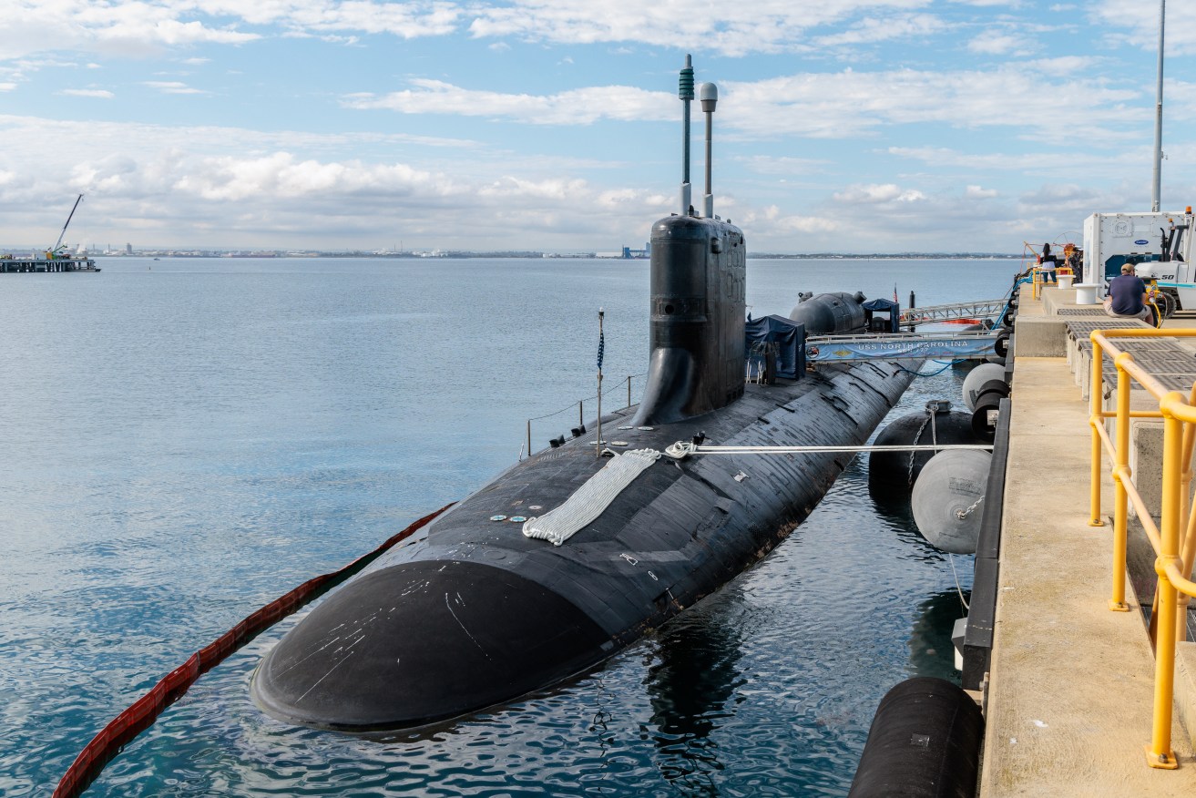 A general view of the USS North Carolina, a Virginia-class nuclear-powered attack submarine (SSN-777) at HMAS Stirling Naval Base on Garden Island south of Perth, Western Australia, Monday, August 7, 2023. The USS North Carolina, with more than 130 crew members, is on a scheduled port visit as part of routine patrols in the Indo-Pacific region. AAP Image/Richard Wainwright) NO ARCHIVING
