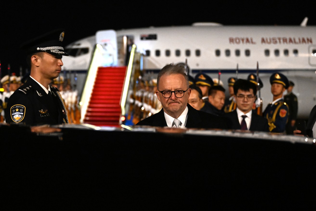 Australia’s Prime Minister Anthony Albanese arrives at Capital International Airport in Beijing, China, Sunday, November 5, 2023. Anthony Albanese will hold talks in China with President Xi Jinping in the first visit to the Asian nation by a sitting prime minister since 2016. (AAP Image/Lukas Coch) NO ARCHIVING