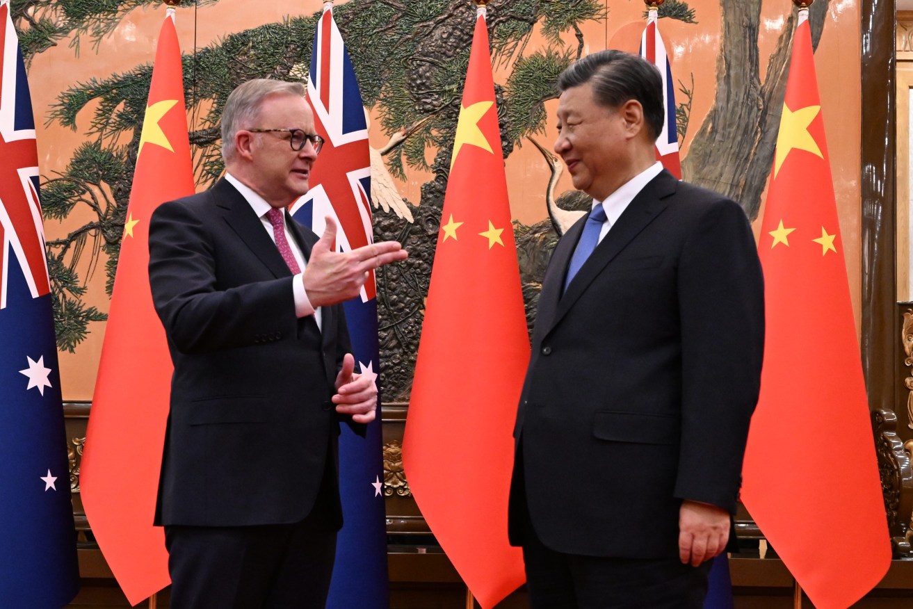 Australia’s Prime Minister Anthony Albanese meets with China’s President Xi Jinping at the Great Hall of the People in Beijing, China, Monday, November 6, 2023. Anthony Albanese will hold talks in China with President Xi Jinping in the first visit to the Asian nation by a sitting prime minister since 2016. (AAP Image/Lukas Coch) 