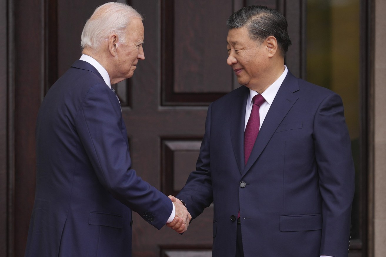 President Joe Biden greets China’s President President Xi Jinping at the Filoli Estate in Woodside, Calif., Wednesday, Nov, 15, 2023, on the sidelines of the Asia-Pacific Economic Cooperative conference. (Doug Mills/The New York Times via AP, Pool)