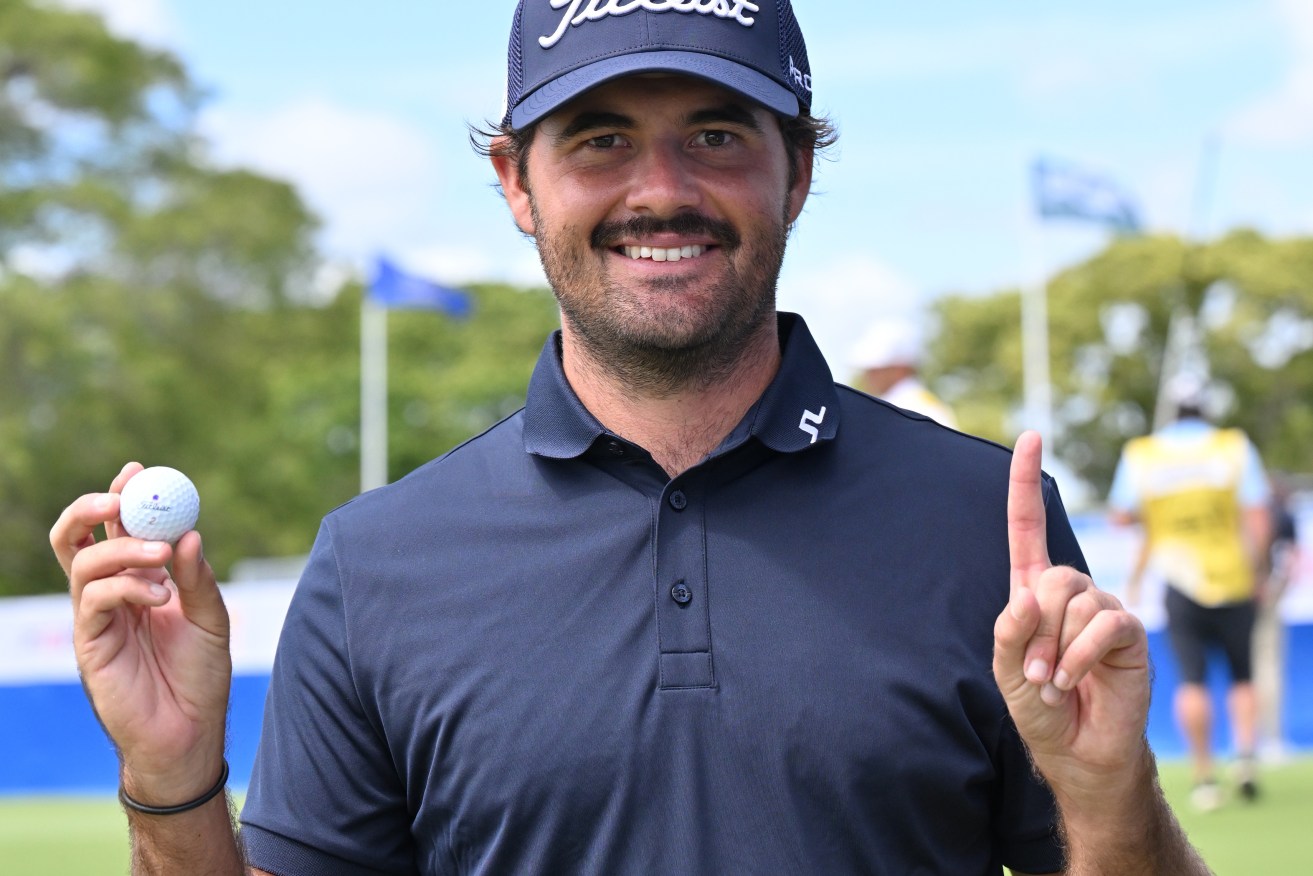A supplied image of Curtis Luck after hitting a hole in one at the 2023 Fortinet Australian PGA Championship, Royal Queensland Golf Course, Brisbane, Friday, November 24, 2023. (AAP Image/Supplied by PGA of Australia, Dan Peled) 