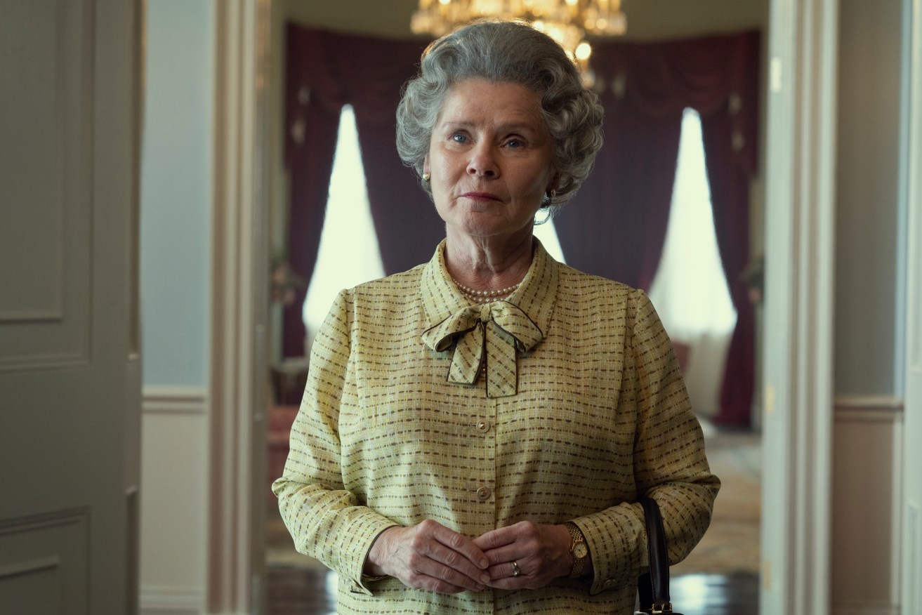 Imelda Staunton as Queen Elizabeth in "The Crown." Netflix’s acclaimed series about Queen Elizabeth II and her family, has paused production due to the monarch’s death.  (Alex Bailey/Netflix via AP)