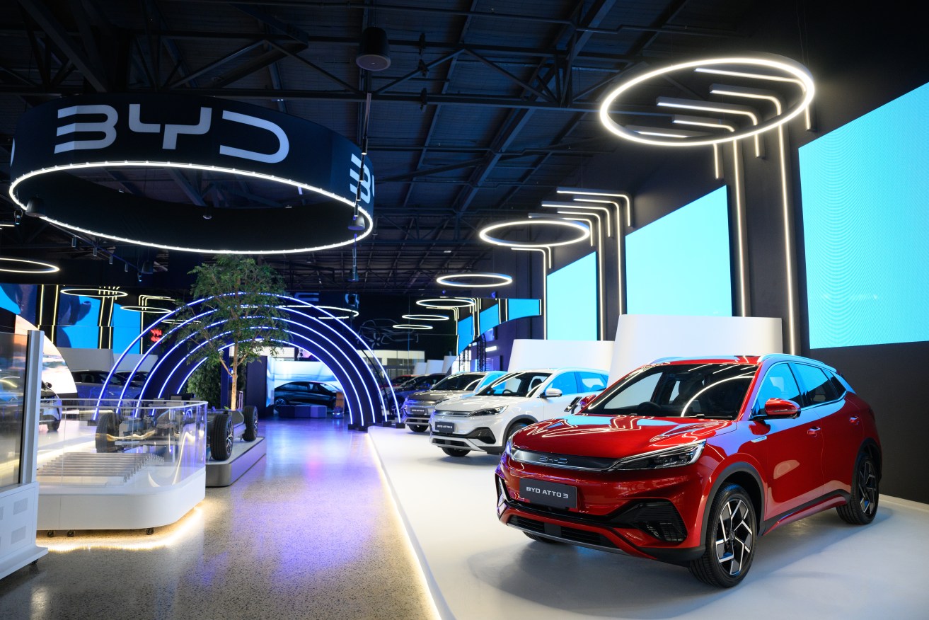 A general view during the opening of electric car brand BYD’s megastore, in Sydney, Thursday, September 14, 2023. (AAP Image/Dan Himbrechts) 