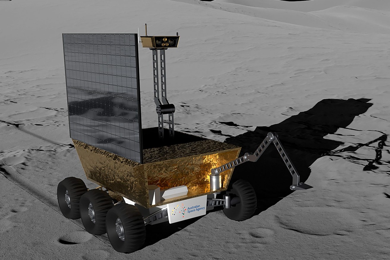 An artists impression of Roo-ver, Australia's first lunar rover, collecting lunar soil. (AAP Image/Supplied by the Australian Space Agency) 