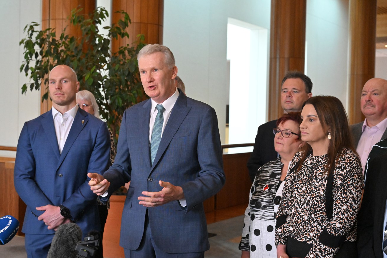 Independent senator David Pocock, Minister for Employment Tony Burke and Jacqui Lambie Network Senator Jacqui Lambie at a press conference at Parliament House in Canberra, Thursday, December 7, 2023. (AAP Image/Mick Tsikas) 