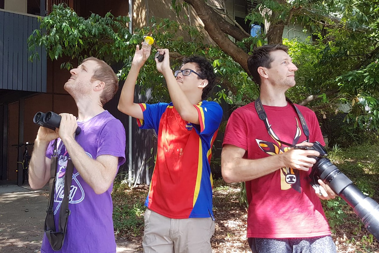 Dr Matthew Holden, Dr Russell Yong and Dr Andrew Rogers searching for species in their backyard. (AAP Image/Supplied by University of Queensland) 