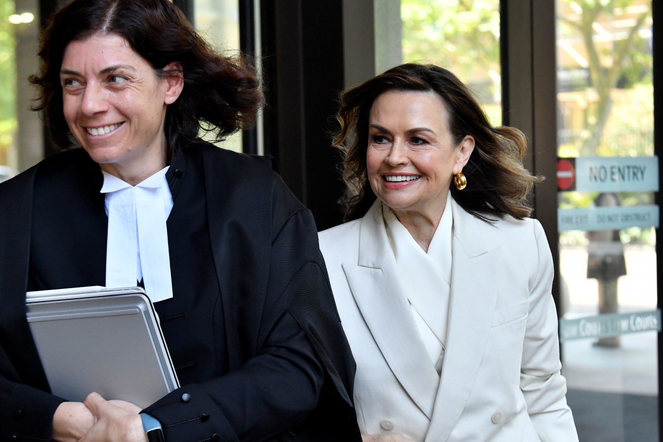 TV presenter Lisa Wilkinson (right) with her barrister Sue Chrysanthou SC during a break at the Federal Court of Australia. Bruce Lehrmann is suing Wilkinson and her employer, Ten, for defamation. (AAP Image/Bianca De Marchi) 