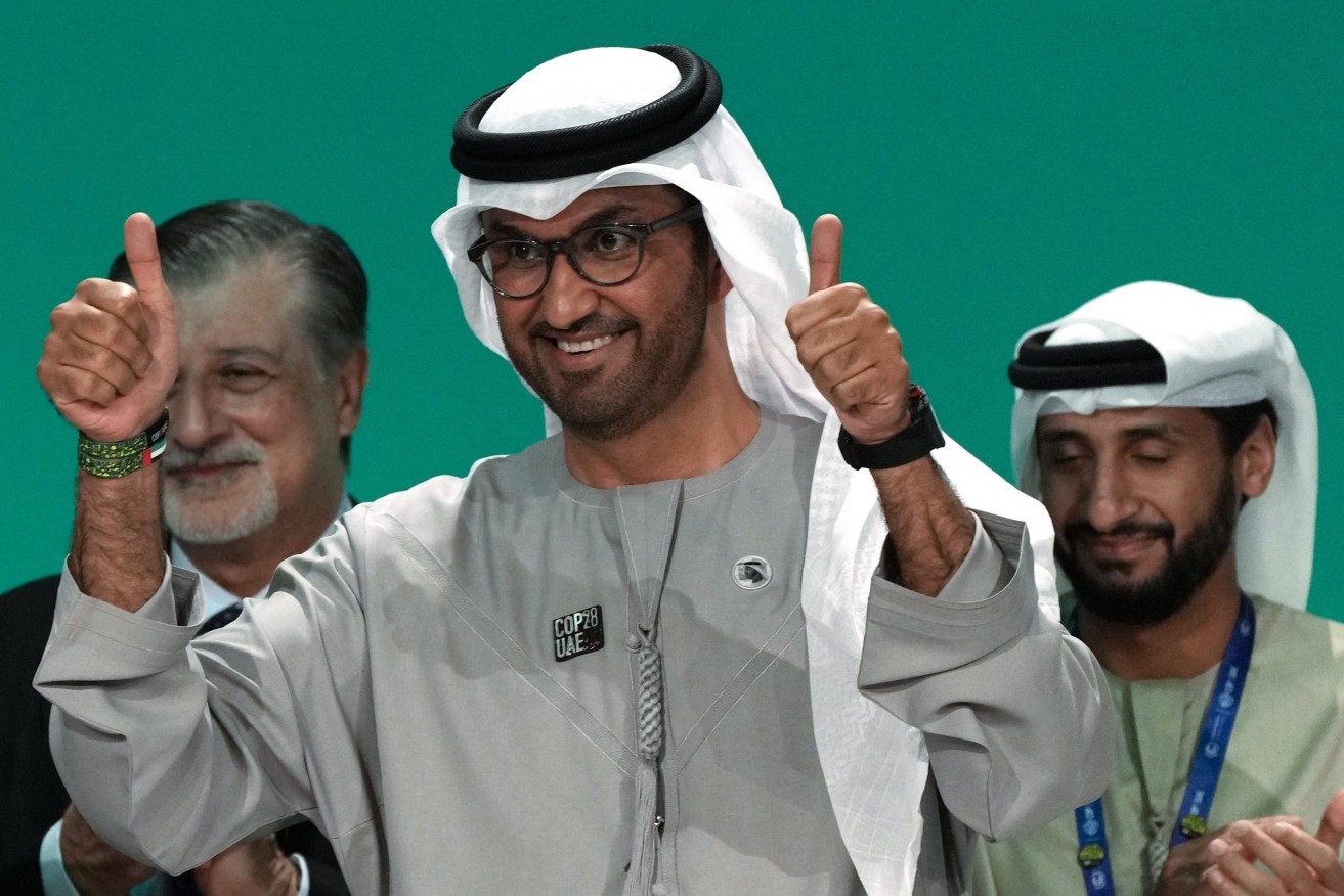 COP28 President Sultan al-Jaber gestures at the end of the COP28 U.N. Climate Summit, Wednesday in Dubai, United Arab Emirates. (AP Photo/Kamran Jebreili)