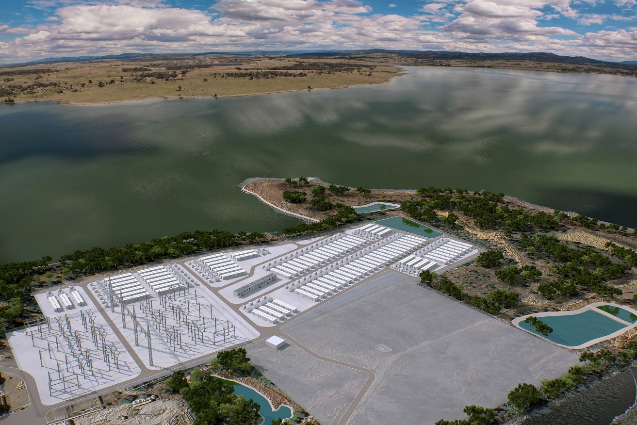 A supplied rendered image obtained on Tuesday shows the big battery to be built by AGL on the site of the former Liddell coal power station, at AGL’s Hunter Energy Hub in NSW. . (AAP Image/Supplied by AGL) 