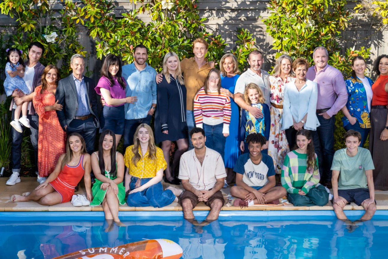 The current cast of long-running Aussie soap Neighbours, which script editor and writer Stephen Vagg says was inspired by life in the Brisbane 'burbs. Photo: Network Ten