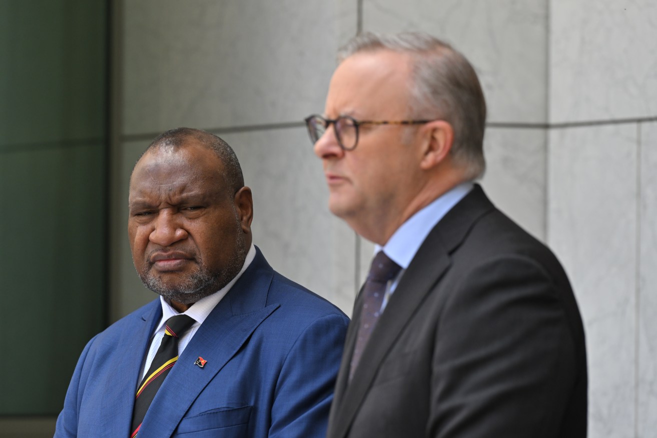 Papua New Guinea’s Prime Minister James Marape and Australia’s Prime Minister Anthony Albanese at a press conference after signing a Bilateral Security Agreement at Parliament House. (AAP Image/Mick Tsikas) 