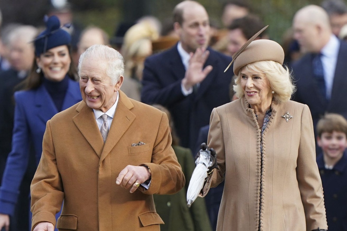 Britain's King Charles III, Queen Camilla, Kate, the Princess of Wales, Princess Charlotte, William, the Prince of Wales, Prince George, Prince Louis arrive to attend the Christmas day service at St Mary Magdalene Church in Sandringham in Norfolk, England, Monday, Dec. 25, 2023. (Joe Giddens/PA via AP)