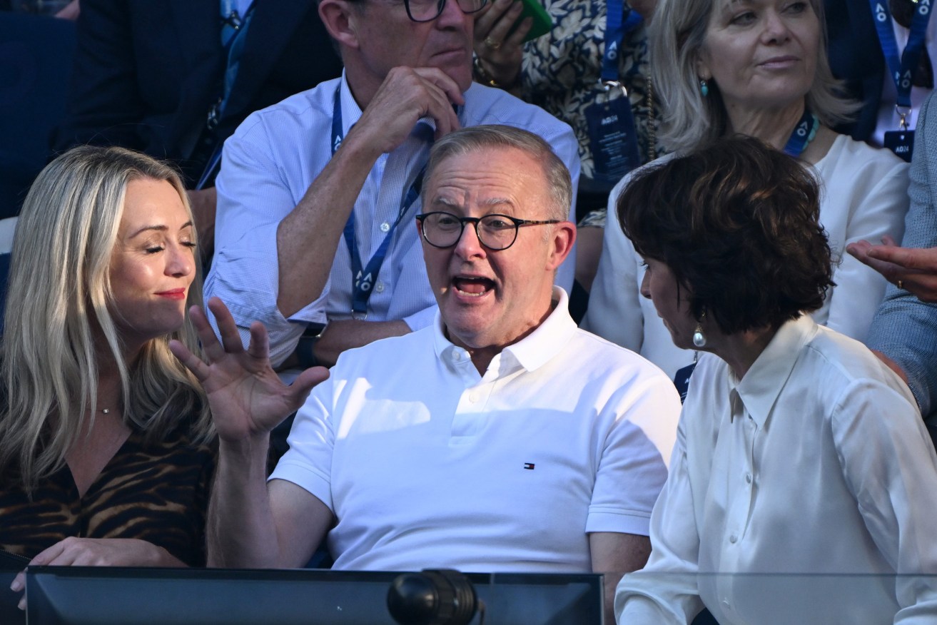 Australian Prime Minister Anthony Albanese is seen prior to the Men’s Singles final between Jannik Sinner of Italy and Daniil Medvedev of Russia on Rod Laver Arena on Day 15 of the 2024 Australian Open at Melbourne Park in Melbourne, Sunday, January 28, 2024. (AAP Image/James Ross) 