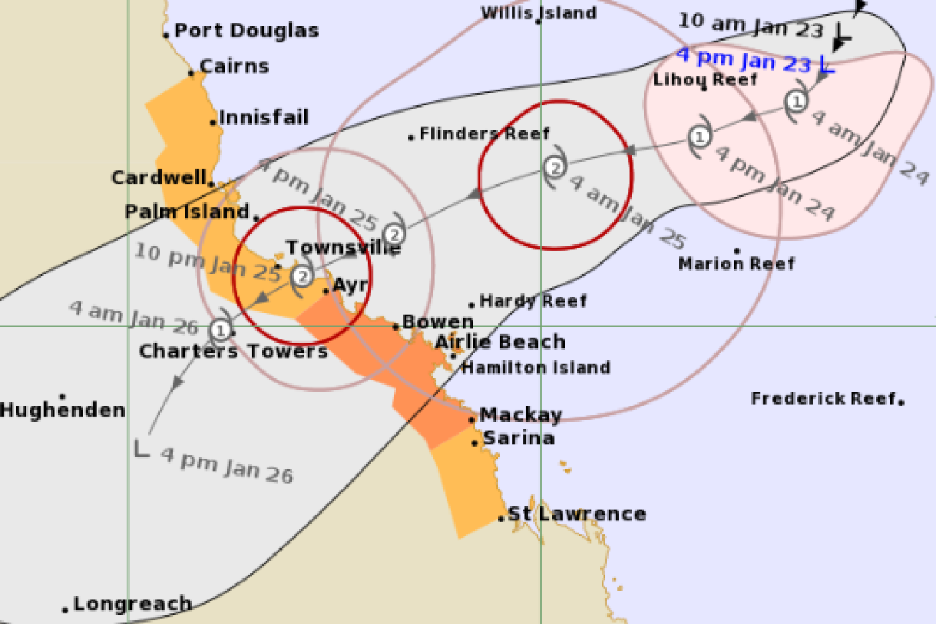 The tropical storm expected to become Cyclone Kirrily moves toward the North Queensland coast. (Image: BOM).