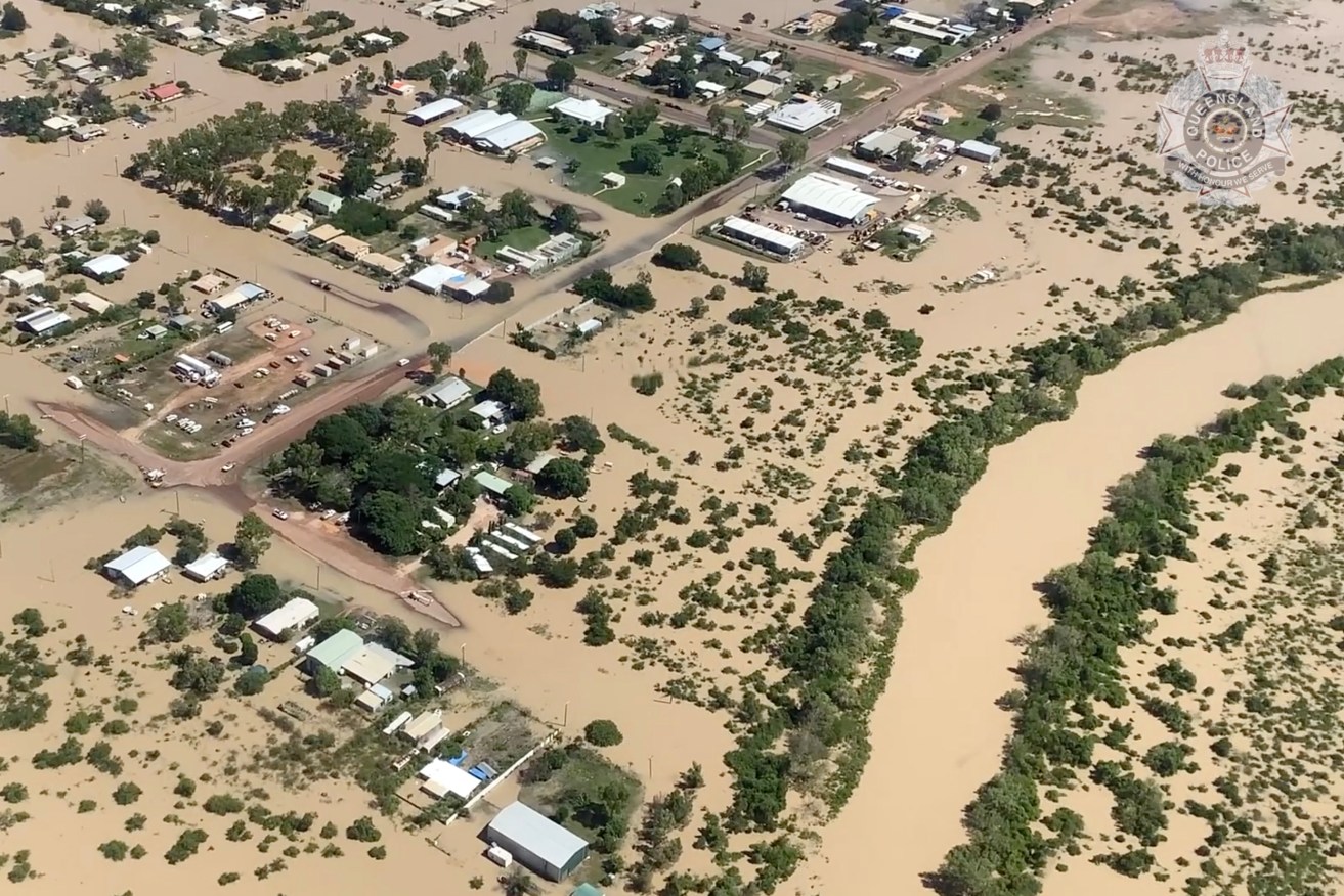 A screenshot of supplied vision of flooding in Burketown Queensland on Saturday, March 11, 2023. A broad swathe of Queensland is being warned about the threat of thunderstorms as the northwest grapples with its worst floods in years. (AAP Image/Supplied by Queensland Police) 