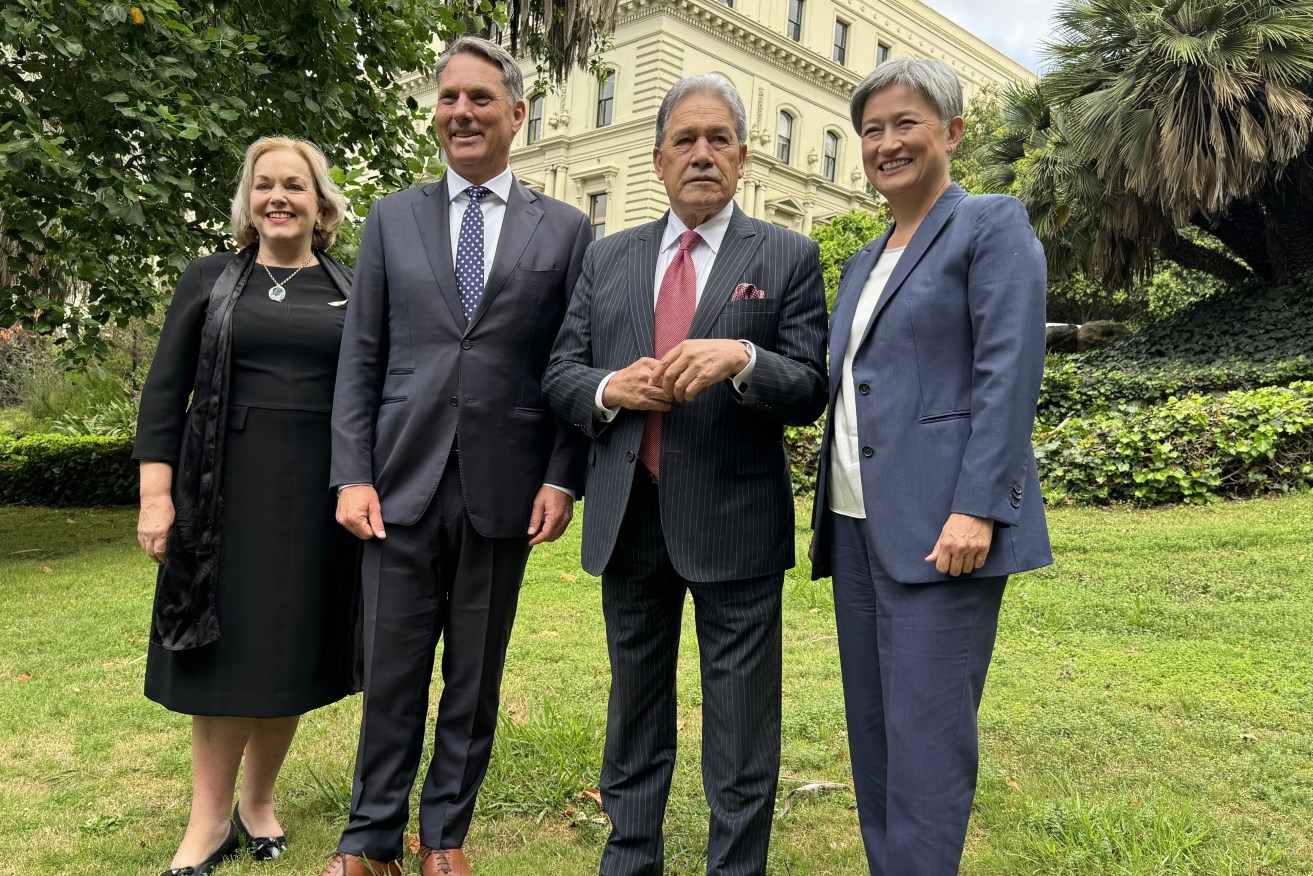 (L-R) New Zealand Defence Minister Judith Collins, Australia Defence Minister Richard Marles, New Zealand Foreign Minister Winston Peters and Australia Foreign Minister Penny Wong at Treasury Gardens, Melbourne, Thursday, February 1, 2024. (AAP Image/Ben McKay) 