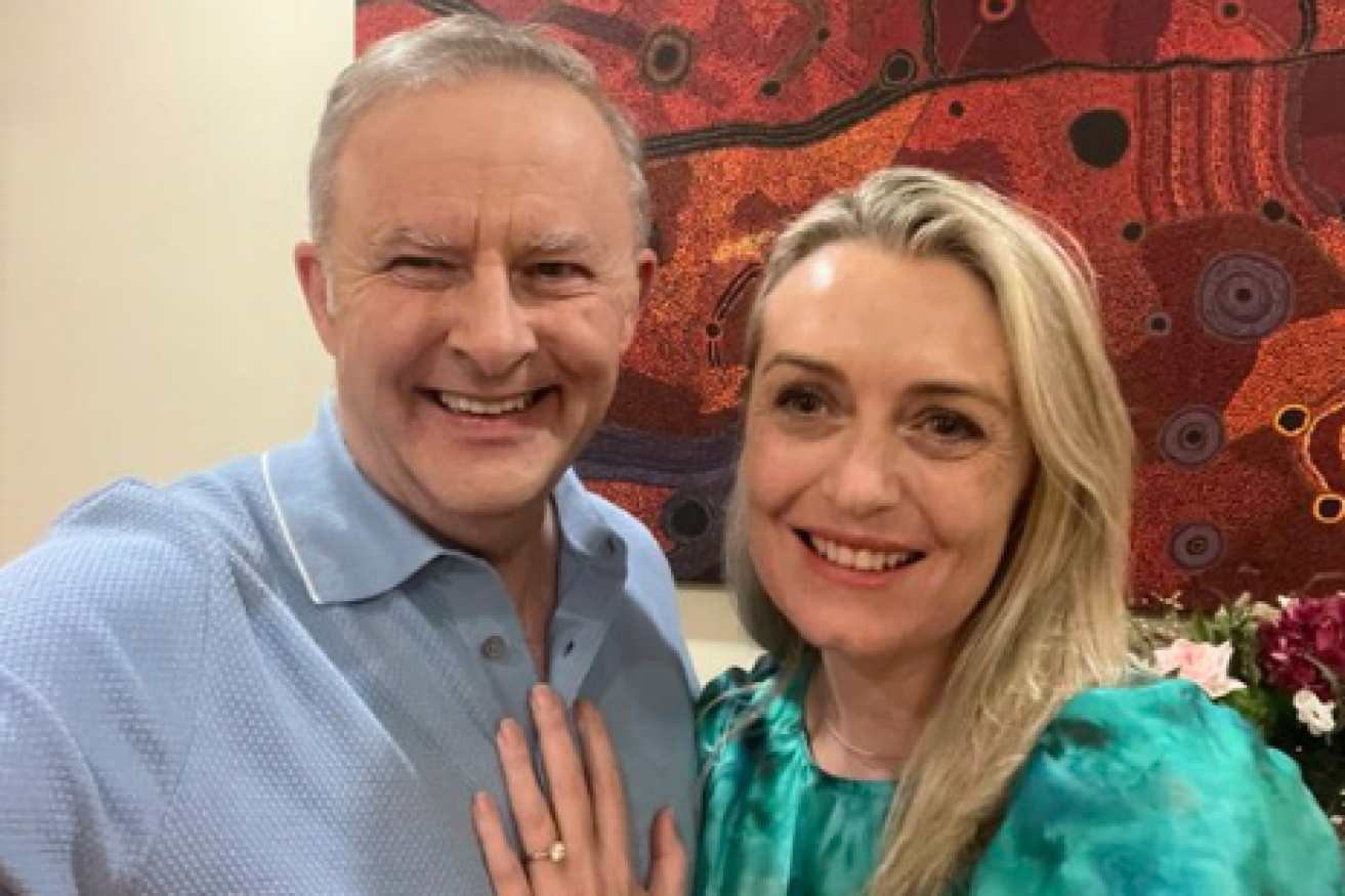 Prime Minister Anthony Albanese with his fiancee Jodie Haydon. (Image: X)