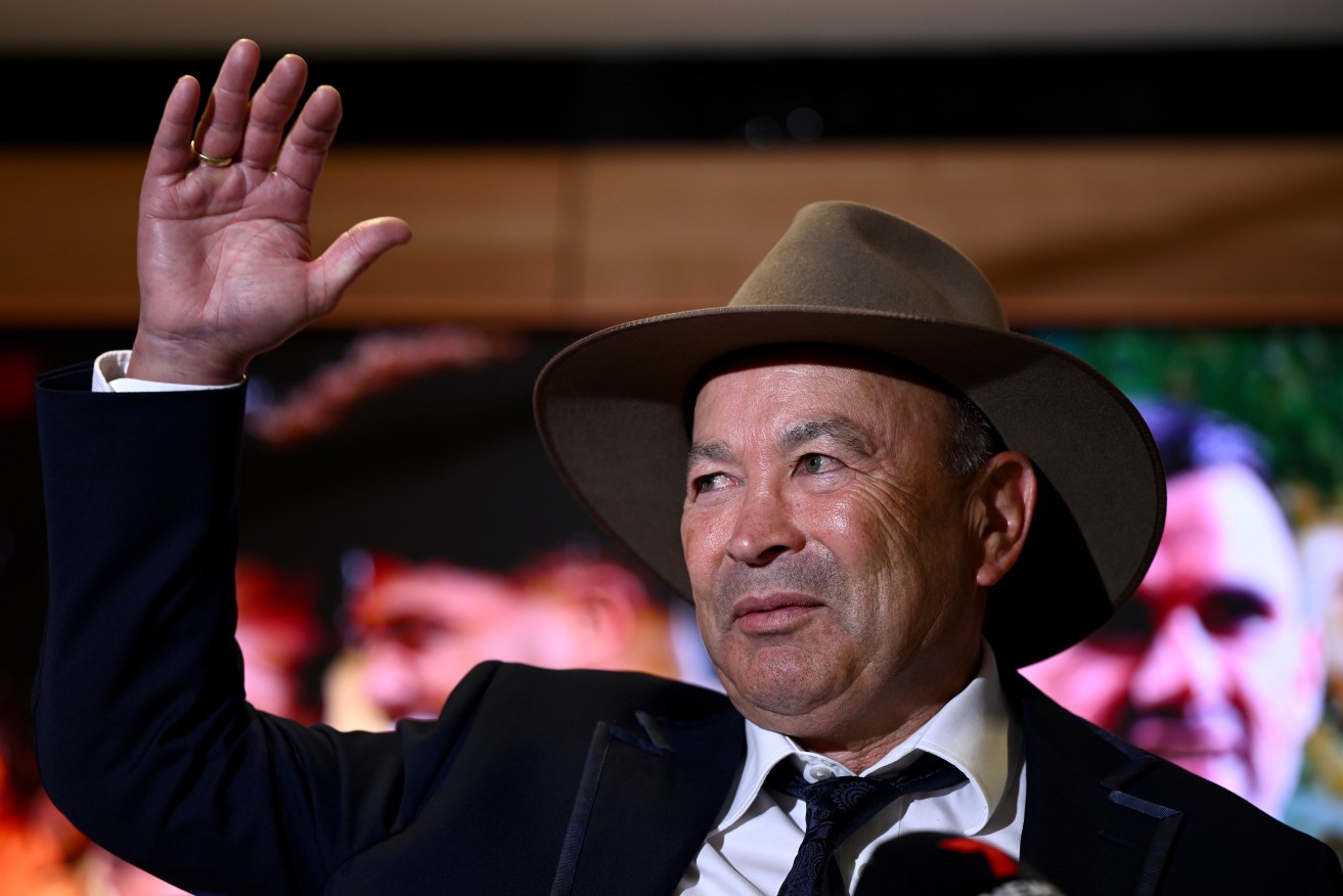 Wallabies coach Eddie Jones speaks to media during a press conference as the team depart for the Rugby World Cup 2023. (AAP Image/Dan Himbrechts) 