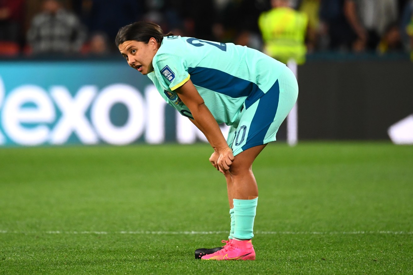 Sam Kerr of Australia reacts after losing the FIFA Women's World Cup 2023 Third Place Playoff match between Australia and Sweden at Brisbane Stadium in Brisbane, Saturday, August 19, 2023. (AAP Image/Jono Searle) NO ARCHIVING, EDITORIAL USE ONLY