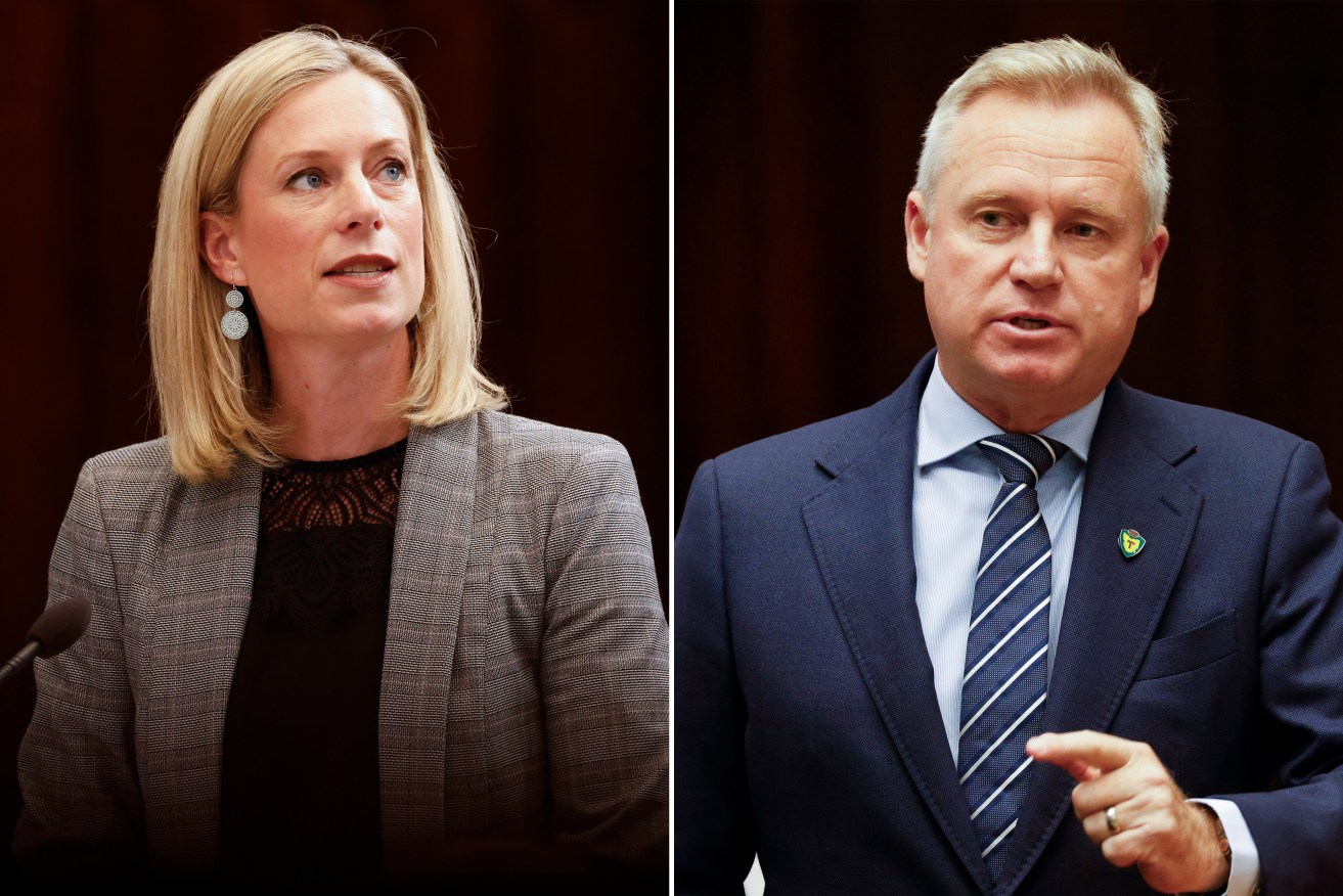 Tasmanian Opposition Leader Rebecca White at Parliament House in Hobart, and (right) Tasmanian Premier Jeremy Rockliff. (AAP Image/Rob Blakers) 