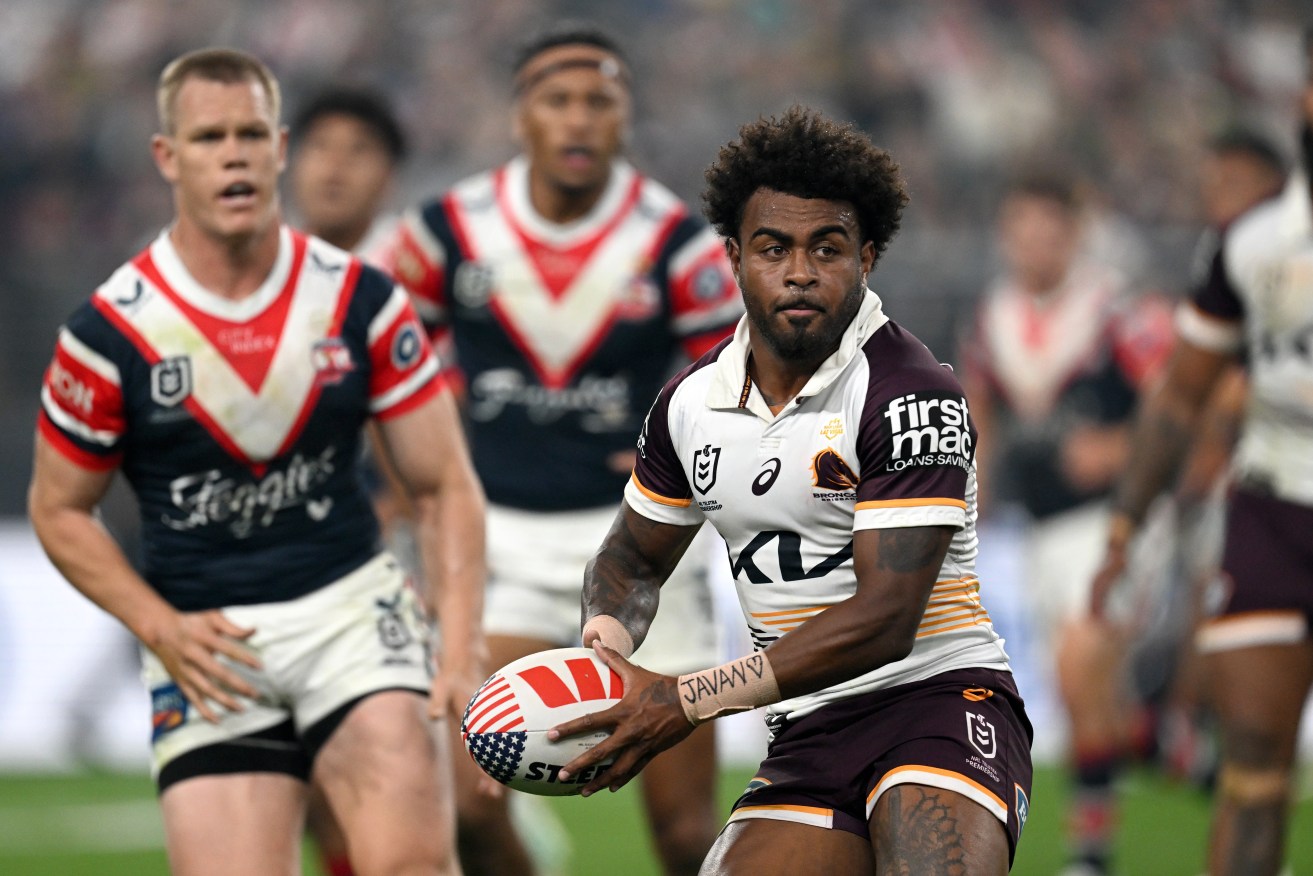 Ezra Mam of the Broncos during the NRL Round 1 match between the Sydney Roosters and the Brisbane Broncos at Allegiant Stadium in ​Las Vegas(AAP Image/Grant Trouville/via NRL Photos) 