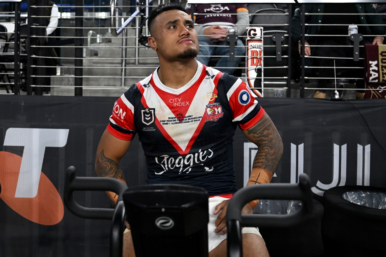 Spencer Leniu of the Roosters during the NRL Round 1 match between the Sydney Roosters and the Brisbane Broncos at Allegiant Stadium in ​Las Vegas, United States in Las Vegas (AAP Image/Grant Trouville/via NRL Photos) 