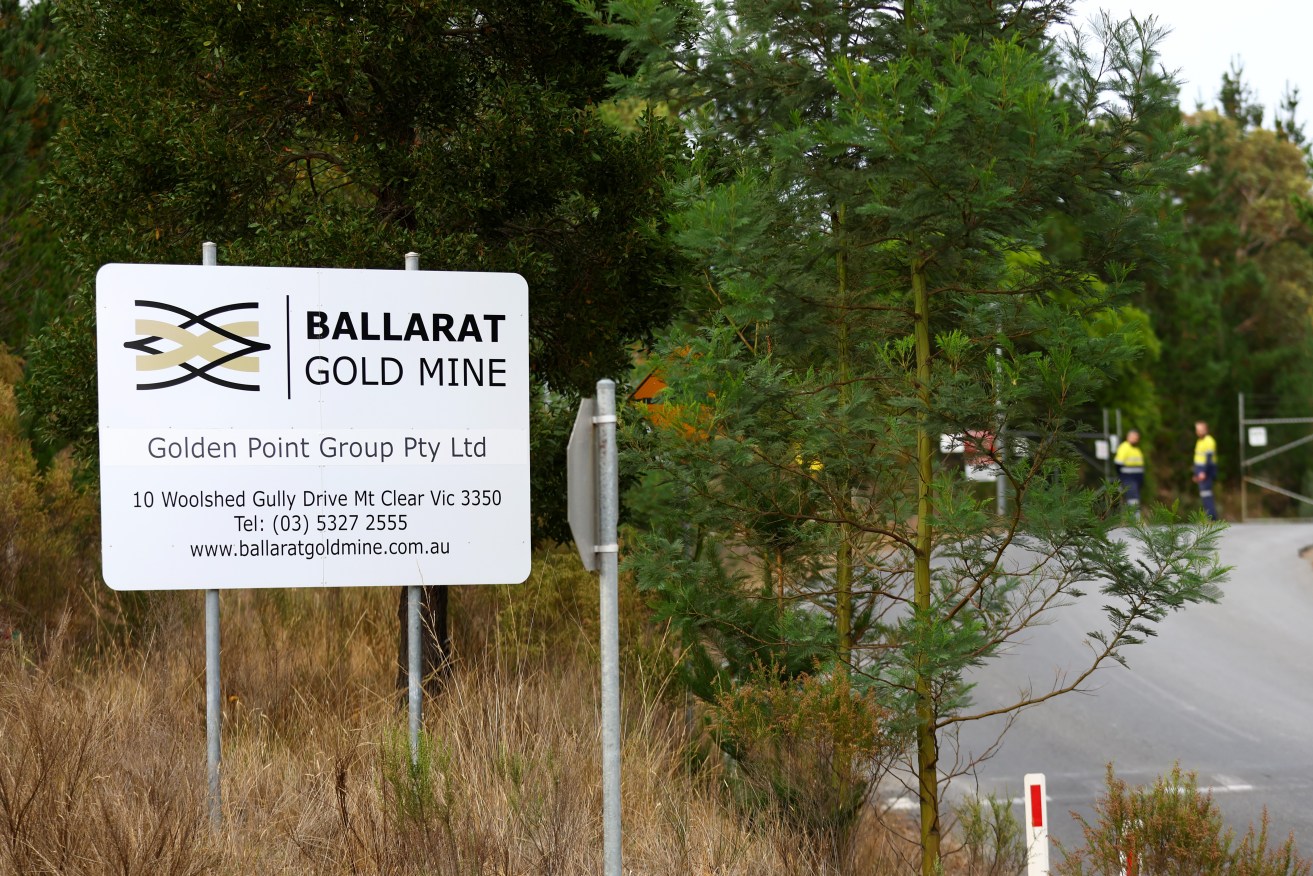 Signage is seen outside the Mount Clear mine in Ballarat, Victoria, Thursday, March 14, 2024. Rescue efforts have turned to recovery, with a Victorian miner trapped underground after a collapse at Ballarat confirmed to have died. (AAP Image/Con Chronis) NO ARCHIVING