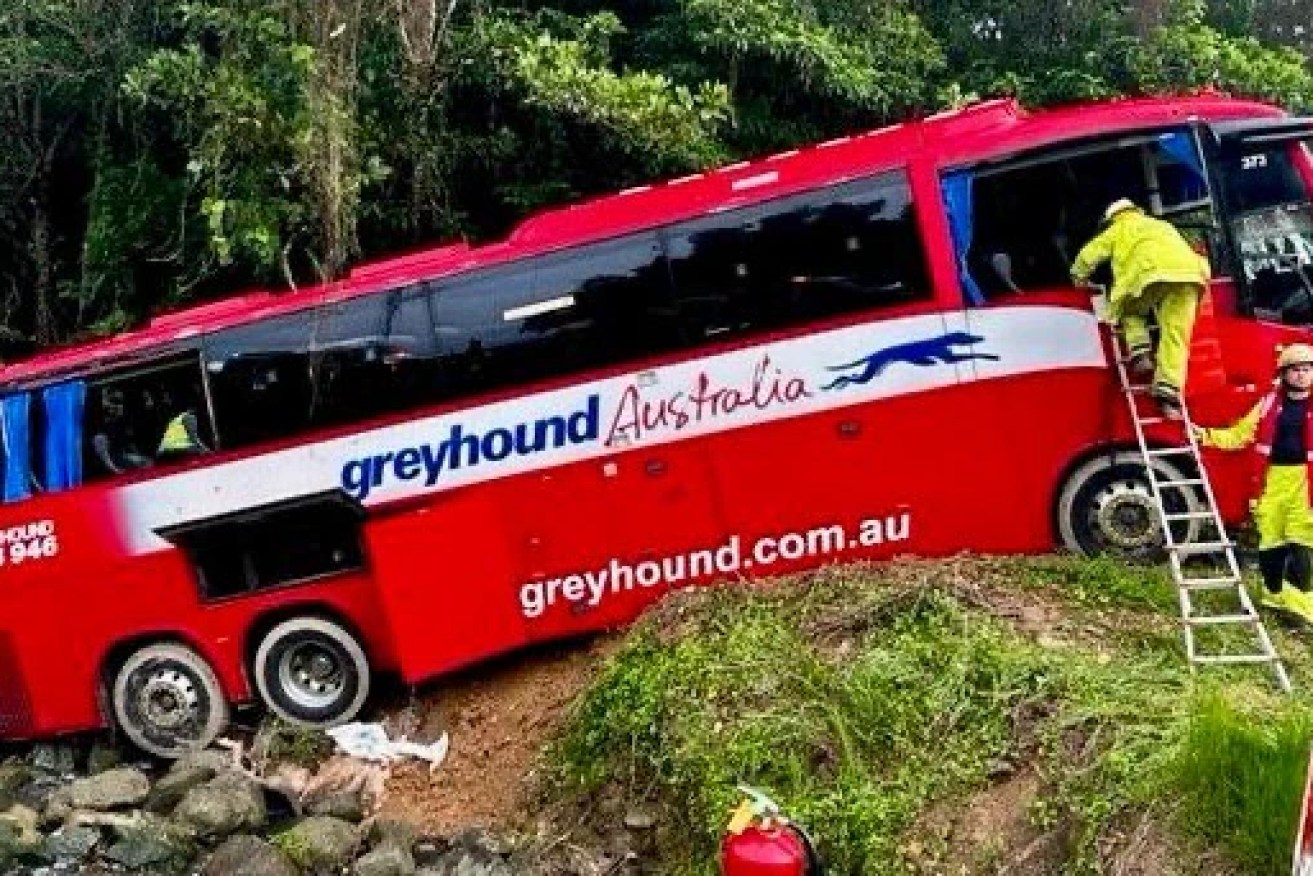 Fifteen people were on a Greyhound tourist bus when it crashed off the Bruce Hwy down an embankment. Picture: QFES Supplied
