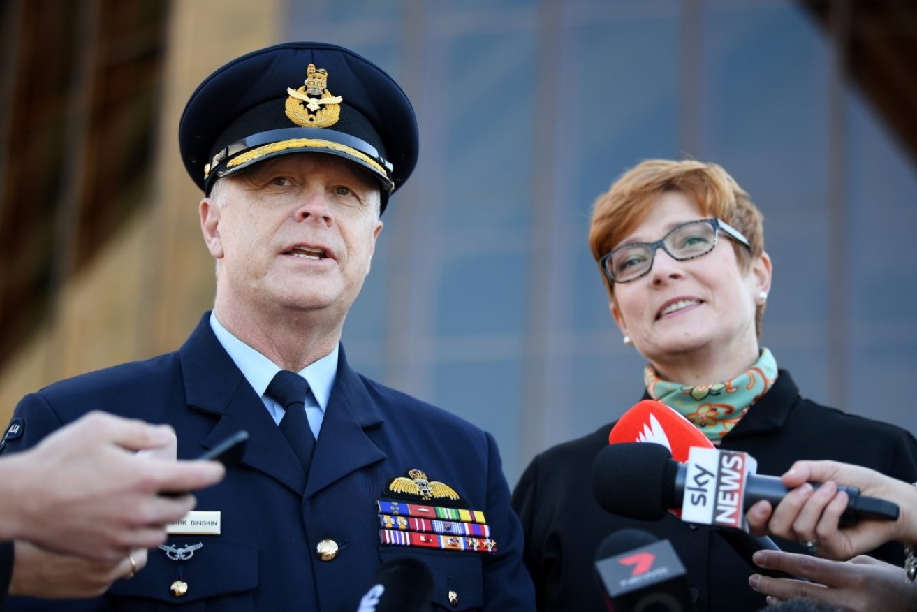 Chief of the Defence Force Air Chief Marshal Mark Binskin (left) and Australian Defence Minister Marise Payne speak to the media following the announcement of the Australian Defence Force and RSL team for the Invictus Games in Sydney, Friday, June 15, 2018. The Invictus Games are will be held in Sydney from October 20-27, 2018. (AAP Image/Joel Carrett) NO ARCHIVING